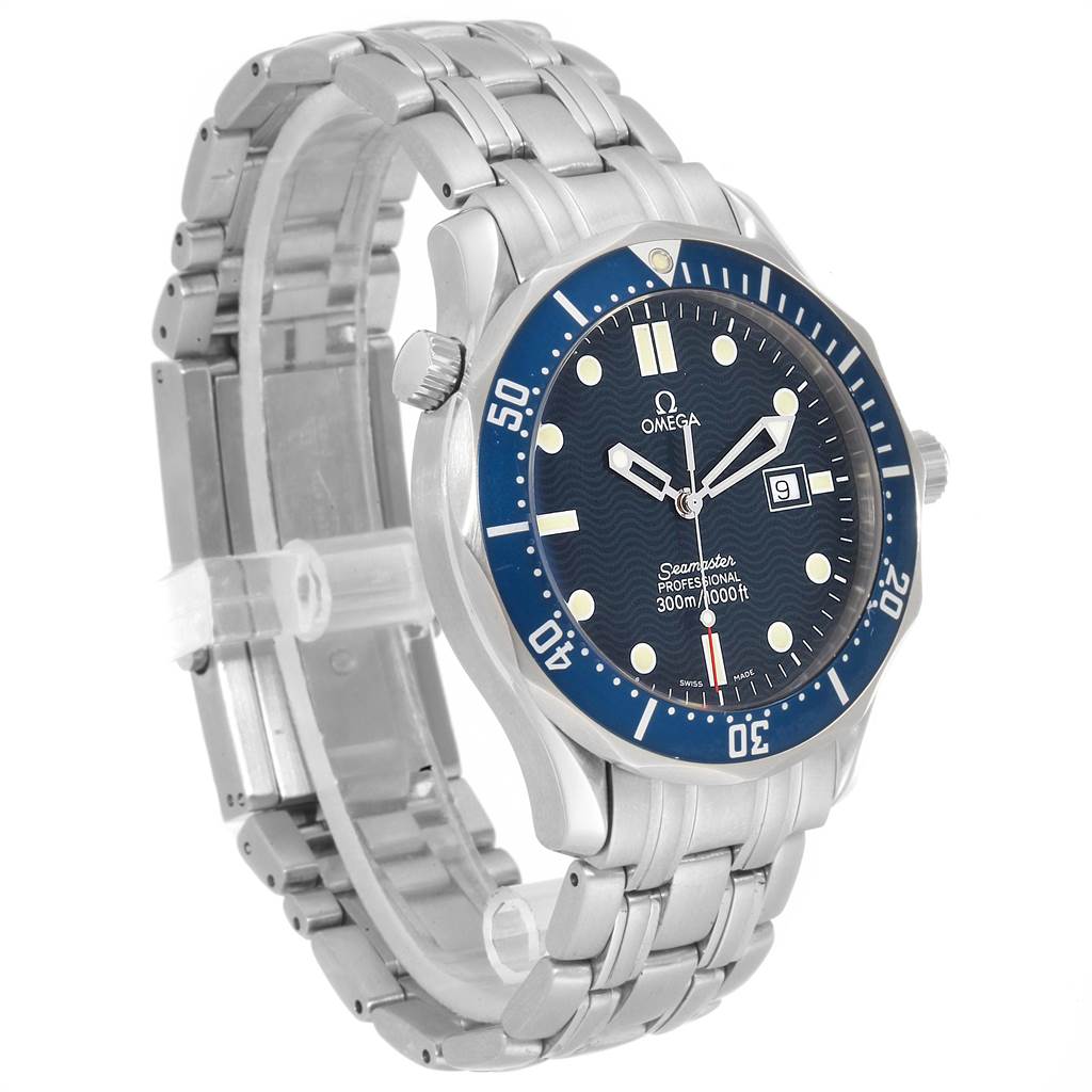 The Omega Seamaster 2541.80.00 Men
s Stainless Steel Blue Dial 2541.80.00 Men
s Stainless Steel Blue Dial watch is shown at a slight angle, highlighting its face, bezel, crown, and stainless steel bracelet.