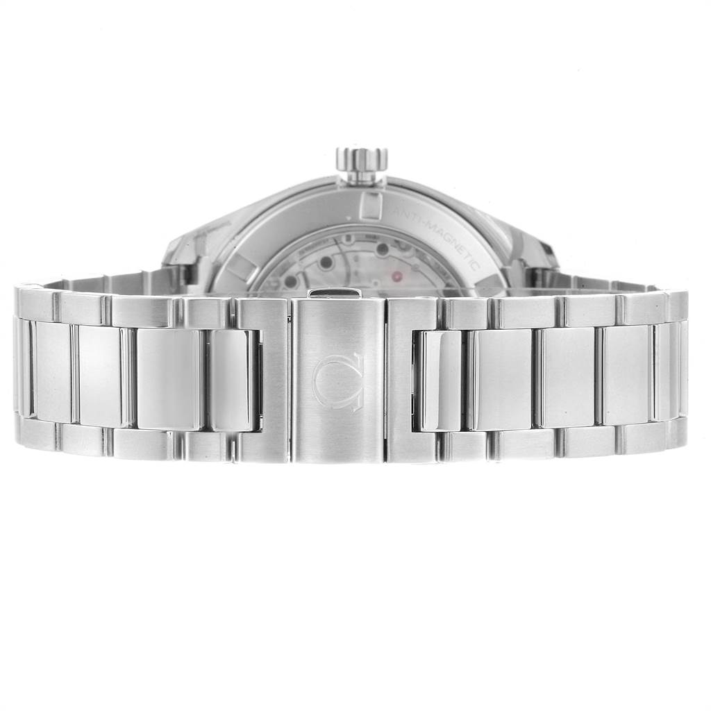 The image shows the back and metal bracelet of an Omega Seamaster 231.10.42.21.01.004 Men
s Stainless Steel Black Dial 231.10.42.21.01.004 Men
s Stainless Steel Black Dial watch, highlighting the clasp and case back.