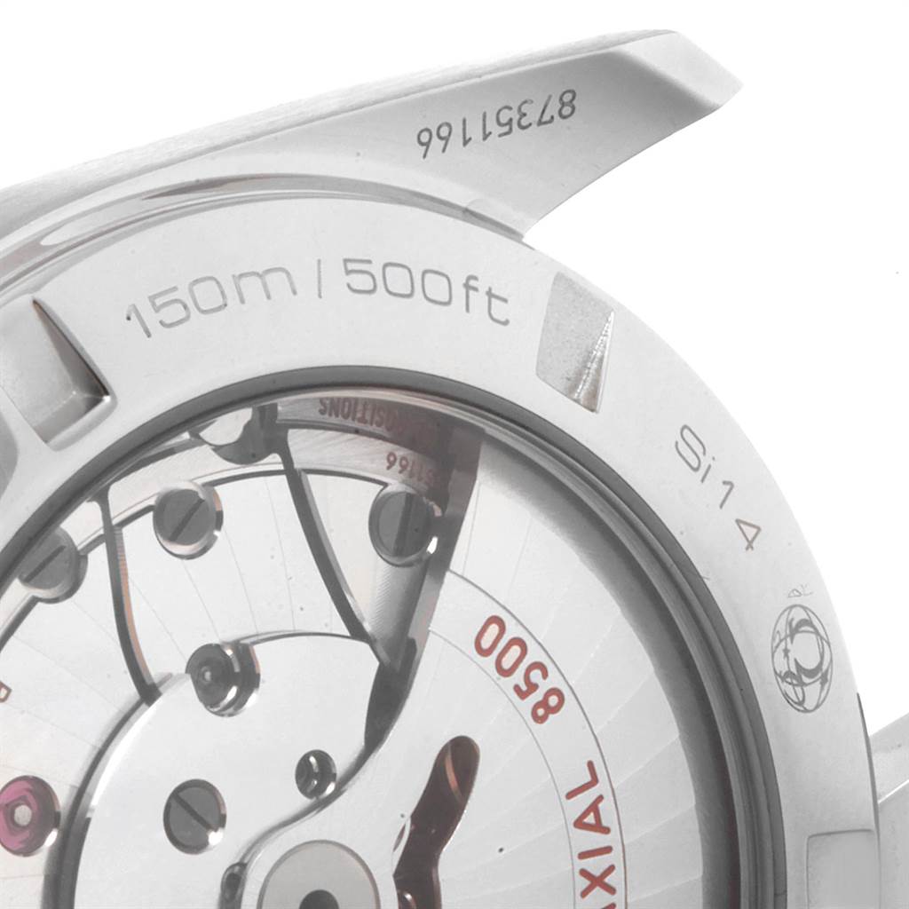 This image shows a close-up view of the Omega Seamaster 231.10.42.21.01.004 Men
s Stainless Steel Black Dial 231.10.42.21.01.004 Men
s Stainless Steel Black Dial
s back case, highlighting the water resistance rating, movement details, and serial number.