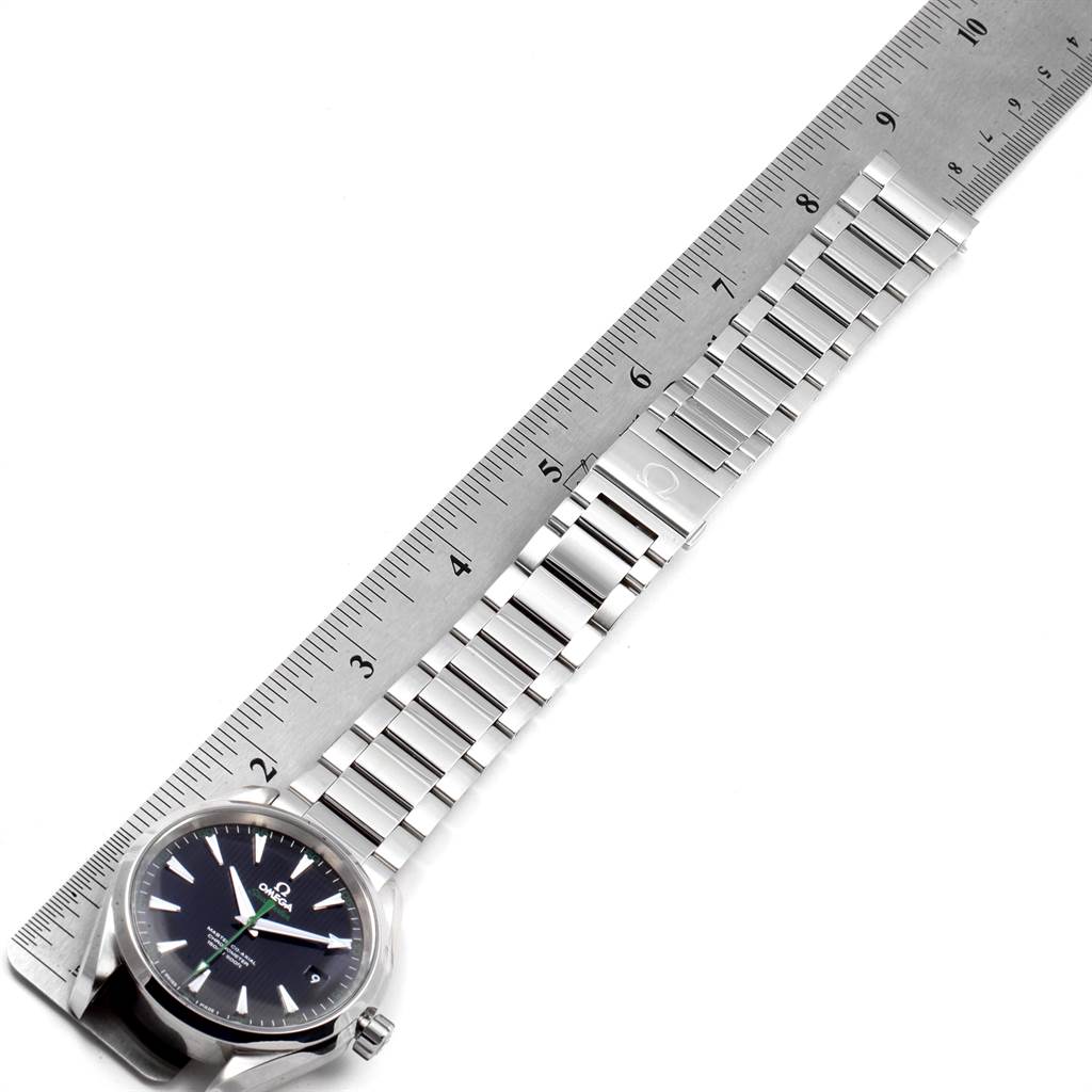 The image shows the face and bracelet of the Omega Seamaster 231.10.42.21.01.004 Men
s Stainless Steel Black Dial 231.10.42.21.01.004 Men
s Stainless Steel Black Dial watch, laid beside a ruler for measurement.