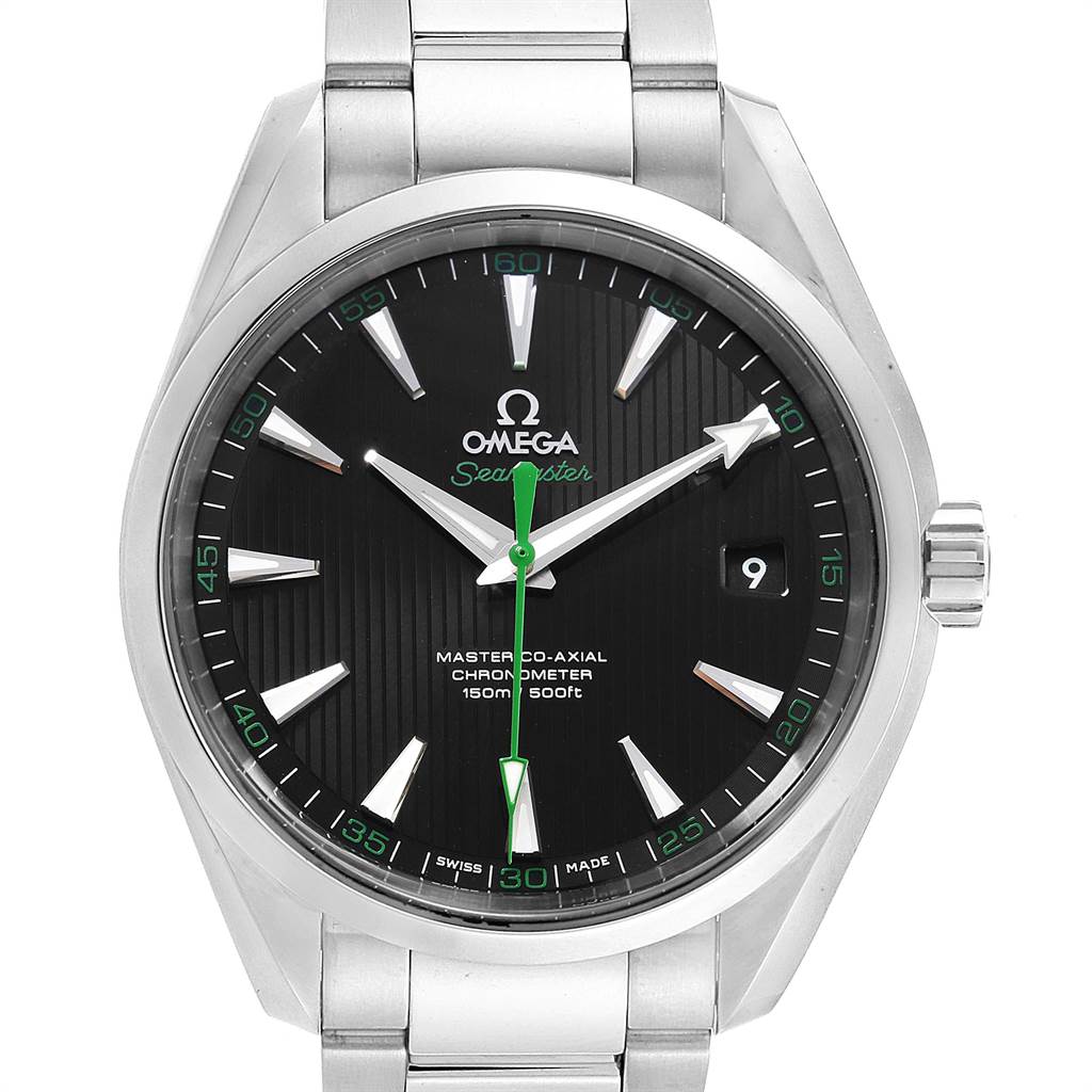 The Omega Seamaster 231.10.42.21.01.004 Men
s Stainless Steel Black Dial 231.10.42.21.01.004 Men
s Stainless Steel Black Dial watch is shown from a front angle, highlighting its black dial, silver hands, and metal bracelet.