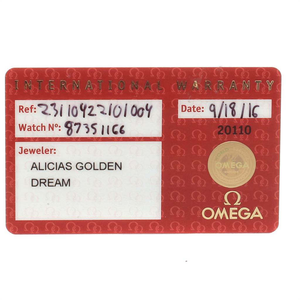 The image shows an international warranty card for the Omega Seamaster 231.10.42.21.01.004 Men
s Stainless Steel Black Dial 231.10.42.21.01.004 Men
s Stainless Steel Black Dial watch model.