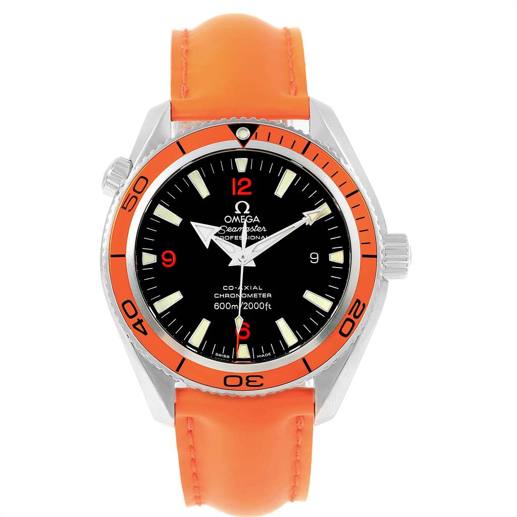 The image shows a front view of an Omega Seamaster 2909.50.83 Men
s Stainless Steel Black Dial 2909.50.83 Men
s Stainless Steel Black Dial watch with an orange bezel and strap.