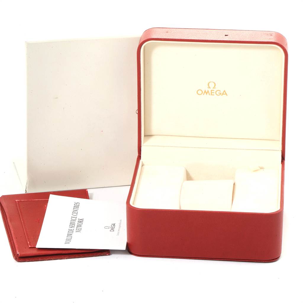 The image shows a red Omega Seamaster 2909.50.83 Men
s Stainless Steel Black Dial 2909.50.83 Men
s Stainless Steel Black Dial watch box with an open lid, documentation, and an empty cushion holder.