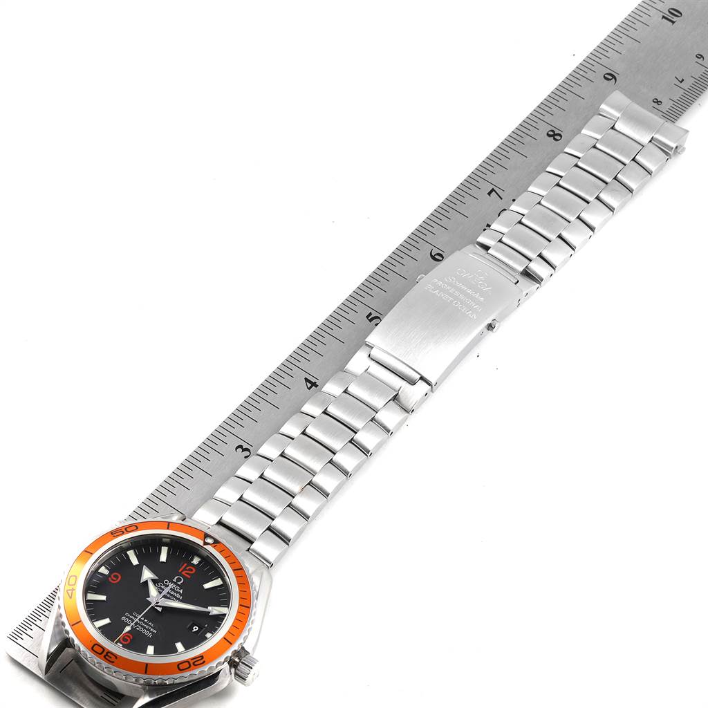 The Omega Seamaster 2208.50.00 Men
s Stainless Steel Black Dial 2208.50.00 Men
s Stainless Steel Black Dial watch is shown from a top-down angle, displaying the entire metal bracelet and the black and orange bezel face.