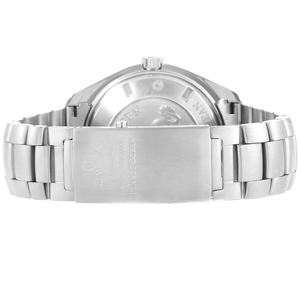 The image shows the back of an Omega Seamaster 2208.50.00 Men
s Stainless Steel Black Dial 2208.50.00 Men
s Stainless Steel Black Dial watch with the bracelet and clasp visible.