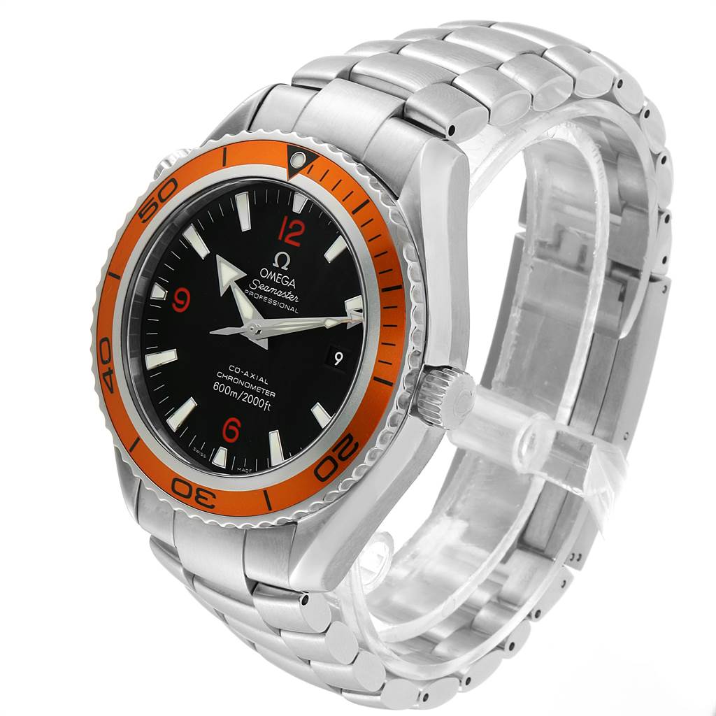 The image shows an Omega Seamaster 2208.50.00 Men
s Stainless Steel Black Dial 2208.50.00 Men
s Stainless Steel Black Dial watch at an angled view, displaying the face, bezel, crown, and metal bracelet.