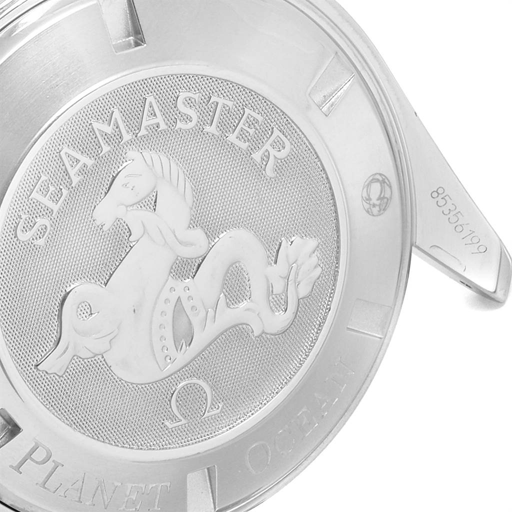 This image shows the back case of an Omega Seamaster 2208.50.00 Men
s Stainless Steel Black Dial 2208.50.00 Men
s Stainless Steel Black Dial Planet Ocean watch, displaying its emblem and serial number.