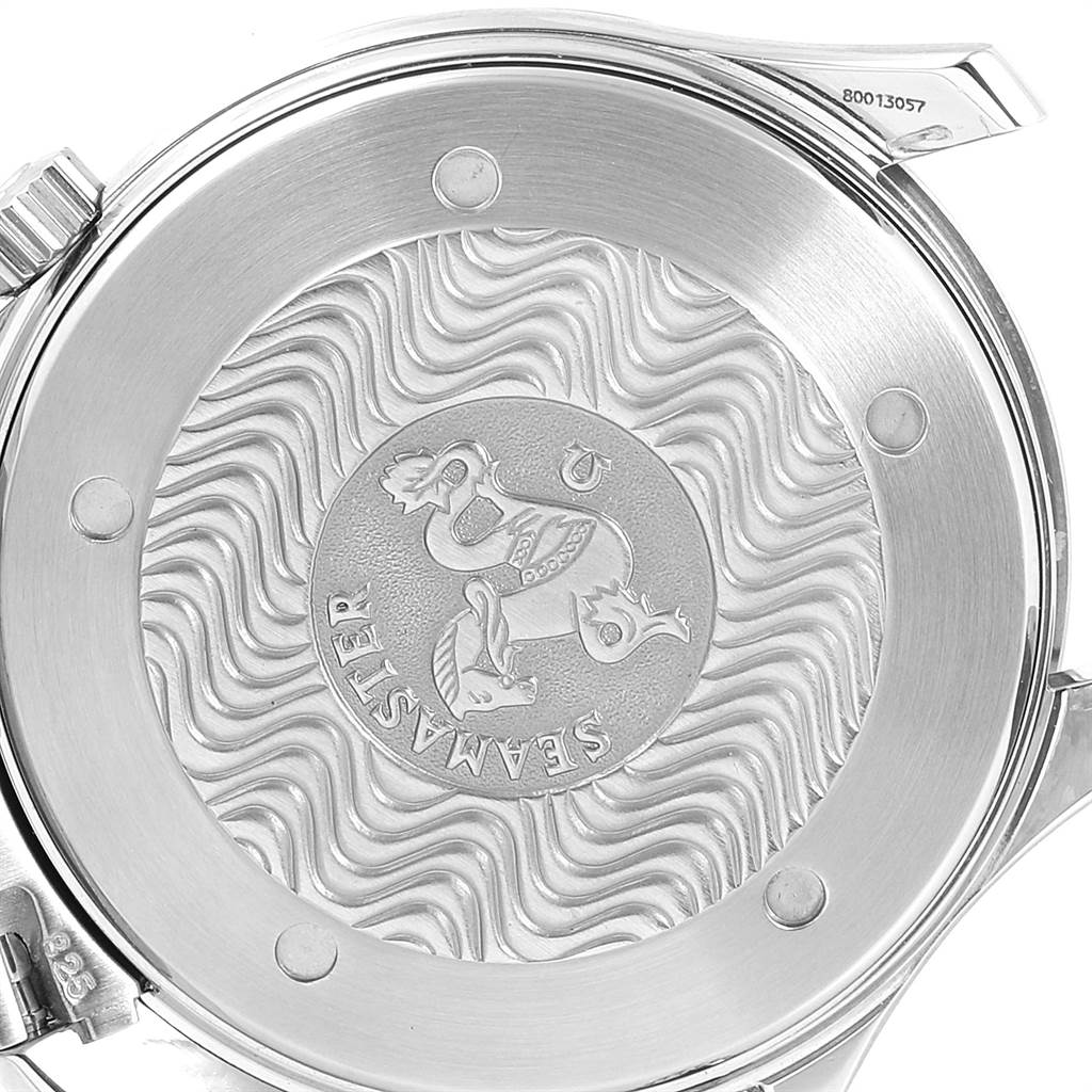 The image shows the back case of the Omega Seamaster 2531.80.00 Men
s Stainless Steel Blue Dial 2531.80.00 Men
s Stainless Steel Blue Dial watch, featuring the emblem and wave pattern.