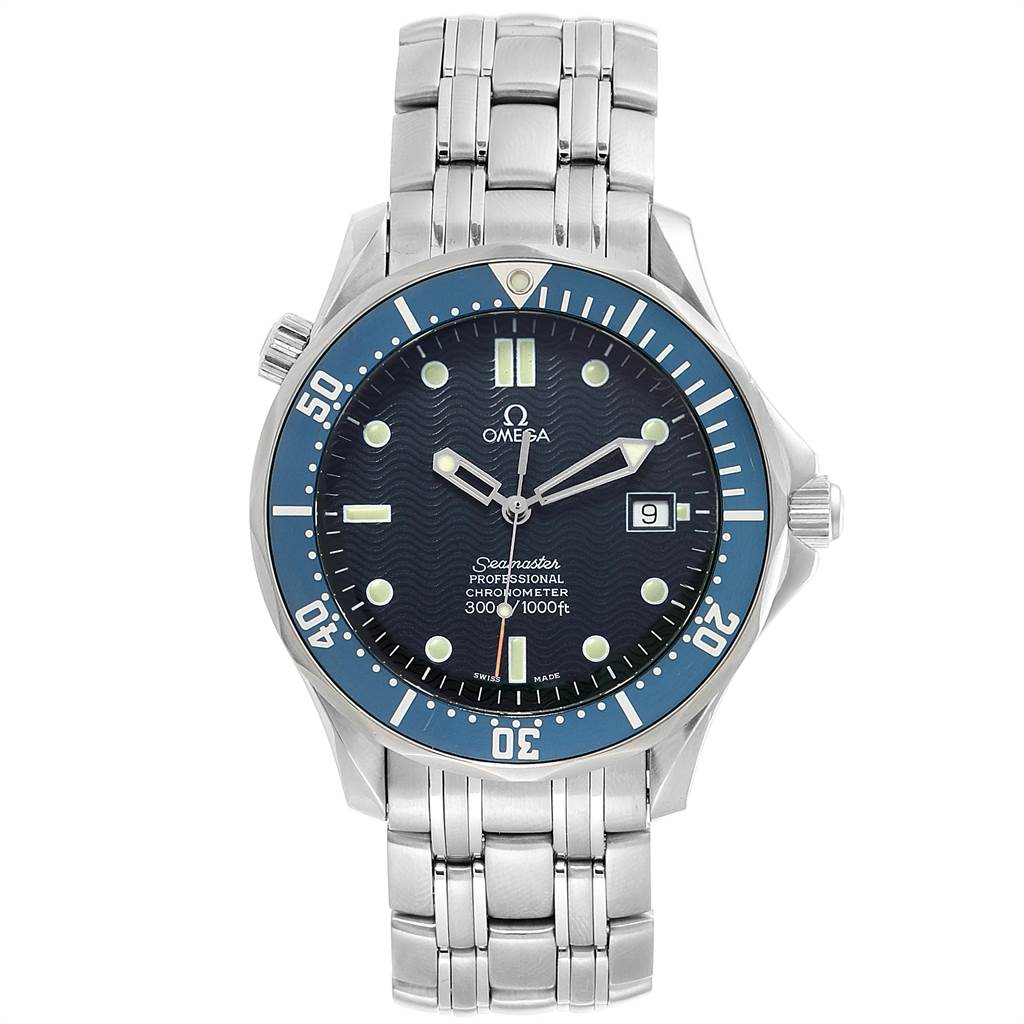 The image shows a frontal view of an Omega Seamaster 2531.80.00 Men
s Stainless Steel Blue Dial 2531.80.00 Men
s Stainless Steel Blue Dial model, highlighting the face, bezel, and bracelet.