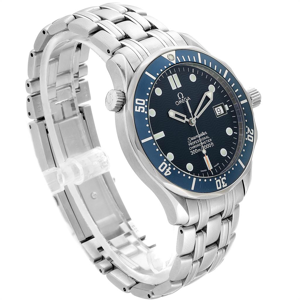 The Omega Seamaster 2531.80.00 Men
s Stainless Steel Blue Dial 2531.80.00 Men
s Stainless Steel Blue Dial watch is shown at an angle displaying the dial, bezel, bracelet, and crown.