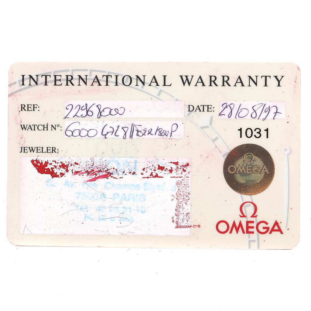 The image shows an international warranty card for an Omega Seamaster 2296.80.00 Men
s Titanium Blue Dial 2296.80.00 Men
s Titanium Blue Dial watch.
