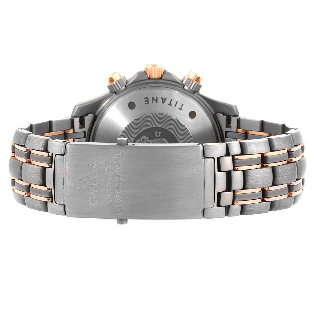 The image shows the back view of an Omega Seamaster 2296.80.00 Men
s Titanium Blue Dial 2296.80.00 Men
s Titanium Blue Dial watch, focusing on the clasp and bracelet bands.