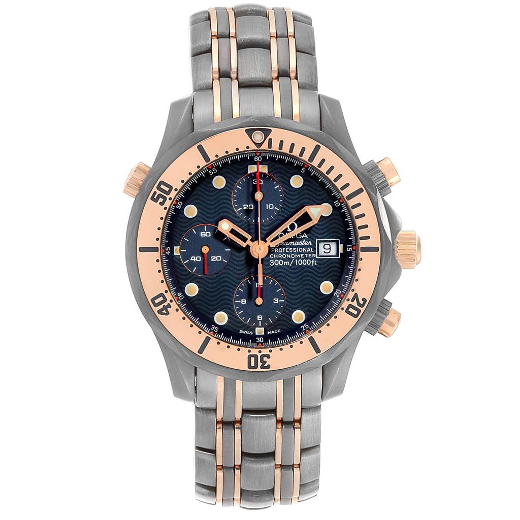 This image shows a front view of an Omega Seamaster 2296.80.00 Men
s Titanium Blue Dial 2296.80.00 Men
s Titanium Blue Dial watch, showcasing the dial, bezel, and bracelet.