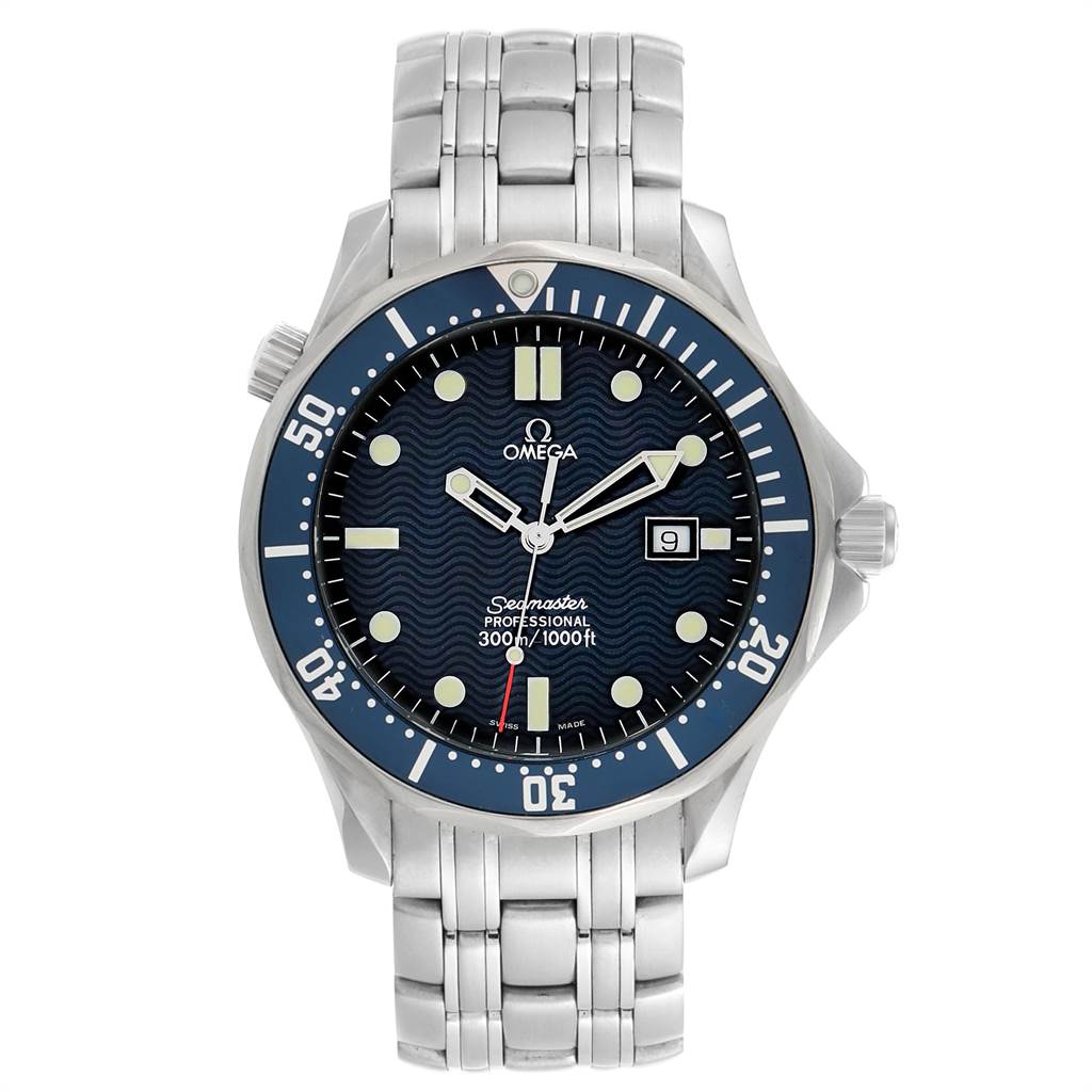 The image shows a front view of an Omega Seamaster 2541.80.00 Men
s Stainless Steel Blue Dial 2541.80.00 Men
s Stainless Steel Blue Dial watch, displaying the face, bezel, case, and bracelet.