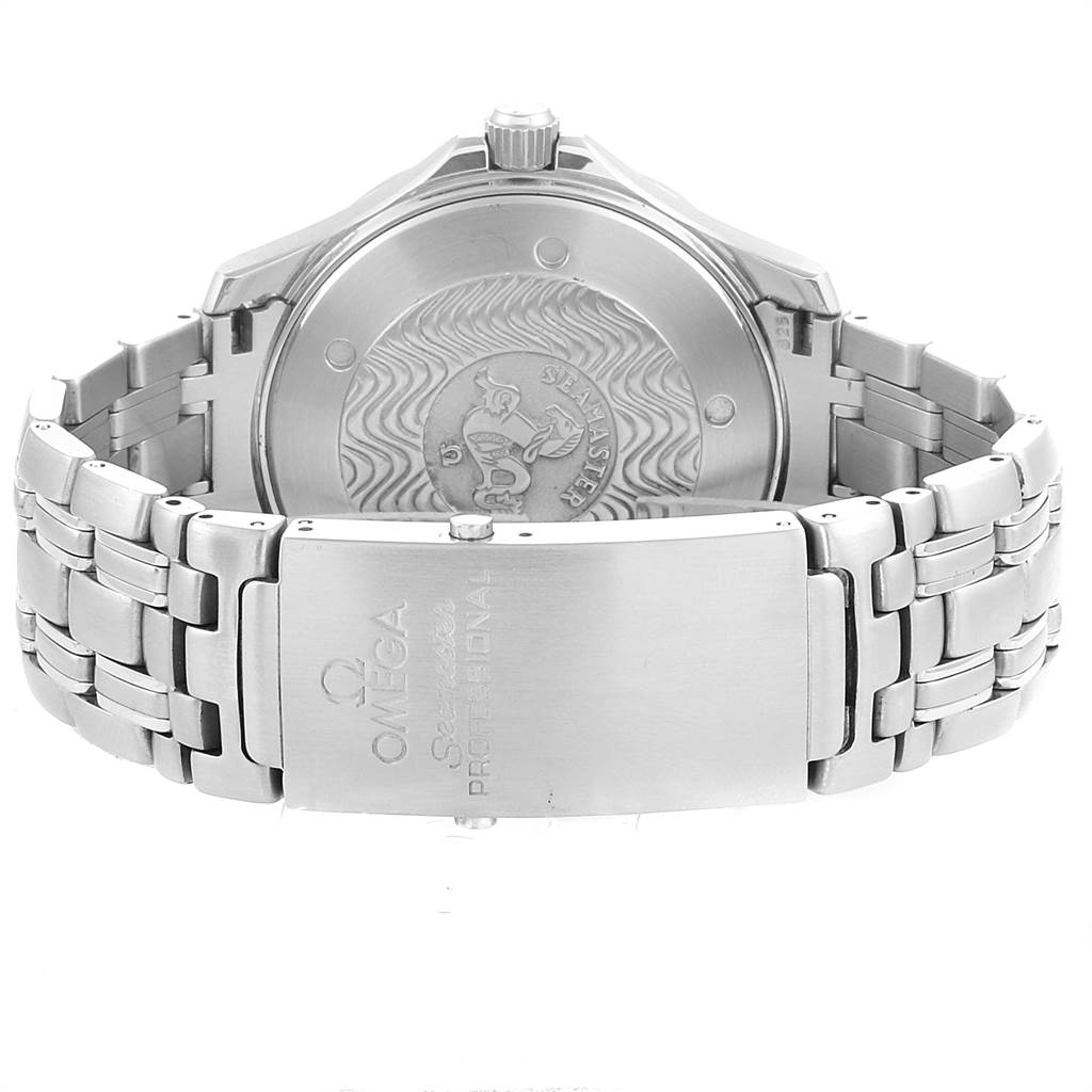 The image shows the back and clasp of the Omega Seamaster 2541.80.00 Men
s Stainless Steel Blue Dial 2541.80.00 Men
s Stainless Steel Blue Dial watch from a rear angle.