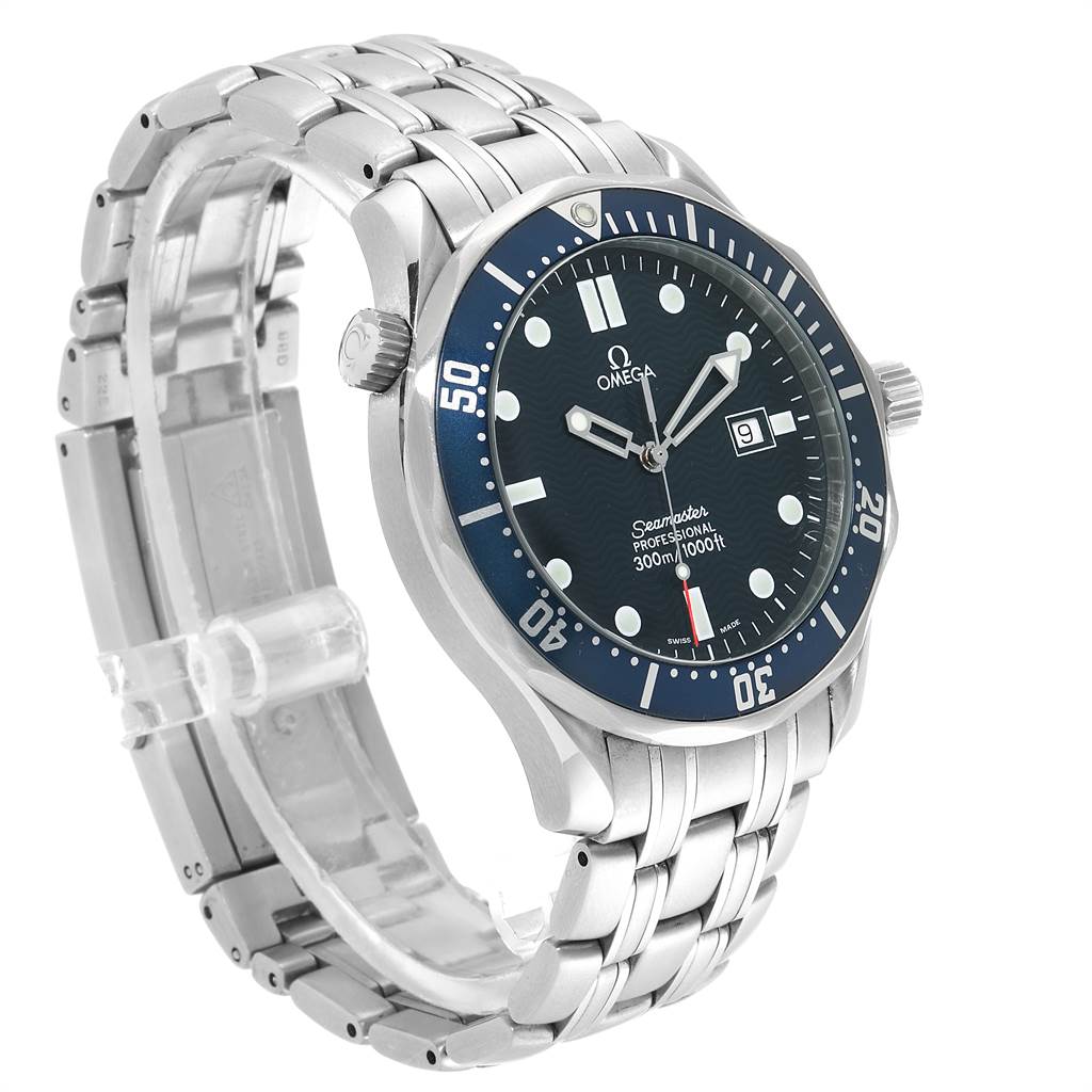 The Omega Seamaster 2541.80.00 Men
s Stainless Steel Blue Dial 2541.80.00 Men
s Stainless Steel Blue Dial watch is shown at an angle highlighting the face, bezel, crown, and metal bracelet.