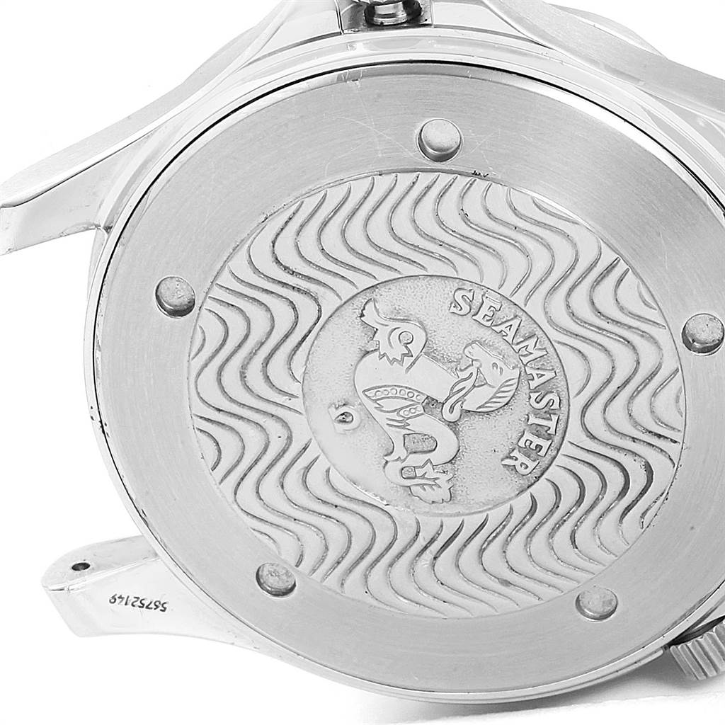 This image shows the engraved case back of an Omega Seamaster 2541.80.00 Men
s Stainless Steel Blue Dial 2541.80.00 Men
s Stainless Steel Blue Dial watch, viewed from a rear angle.