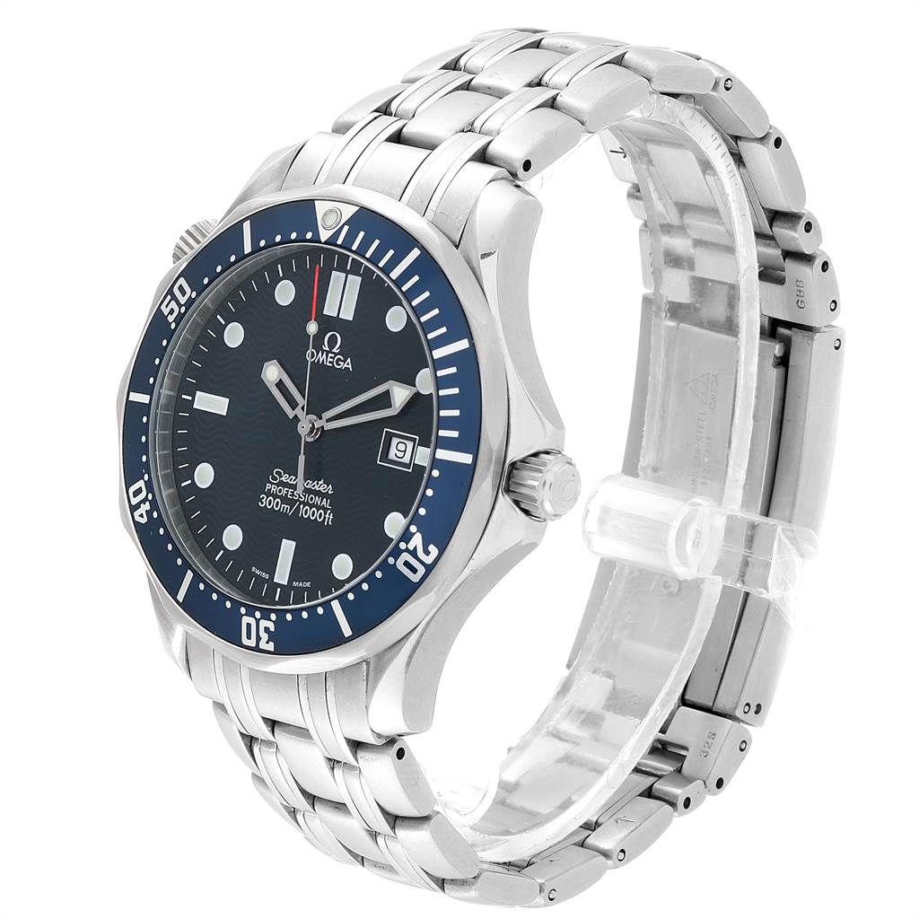 The Omega Seamaster 2541.80.00 Men
s Stainless Steel Blue Dial 2541.80.00 Men
s Stainless Steel Blue Dial watch is shown at a right-side angle, displaying the face, bezel, crown, and metal bracelet.