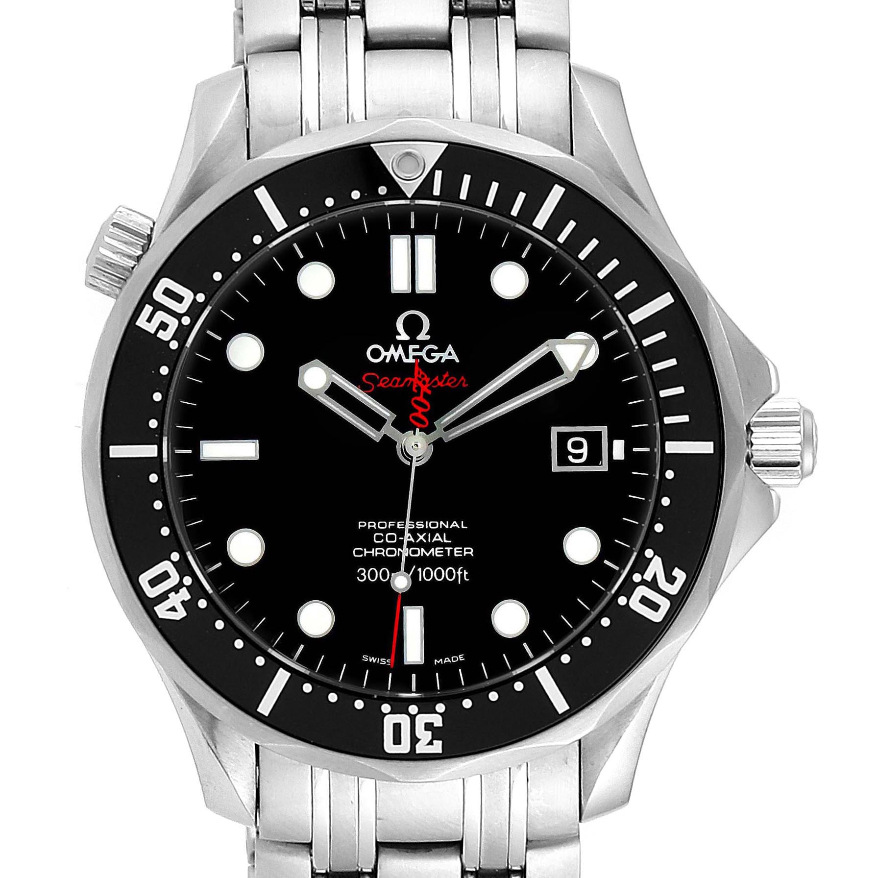 This Omega Seamaster 212.30.41.20.01.001 Men's Stainless Steel Black Dial 212.30.41.20.01.001 Men's Stainless Steel Black Dial watch is shown from the front, displaying its face, bezel, crown, and part of the metal bracelet.
