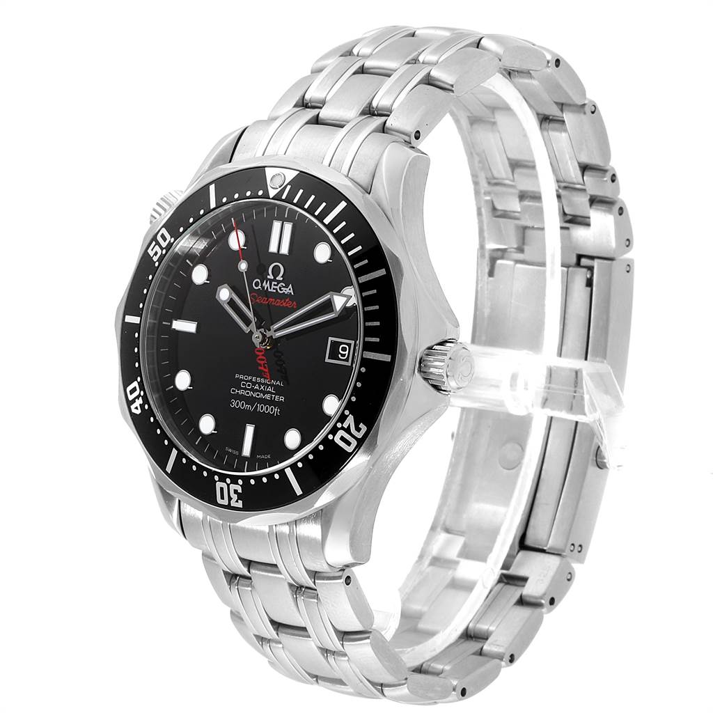 The image shows an Omega Seamaster 212.30.41.20.01.001 Men's Stainless Steel Black Dial 212.30.41.20.01.001 Men's Stainless Steel Black Dial wristwatch at a slight side angle with a focus on the dial, bezel, crown, and metal bracelet.