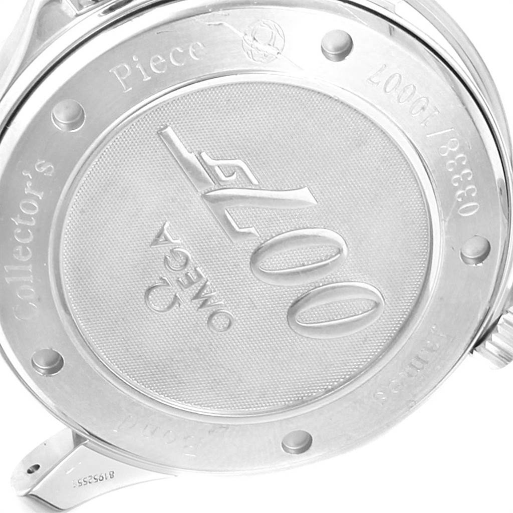 The image shows the case back of an Omega Seamaster 212.30.41.20.01.001 Men's Stainless Steel Black Dial 212.30.41.20.01.001 Men's Stainless Steel Black Dial watch with "007" and "Collector's Piece" engravings.