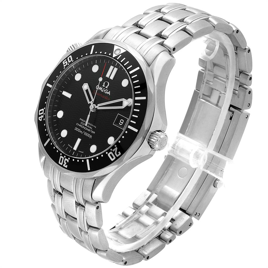 The image shows a side angle of the Omega Seamaster 212.30.41.20.01.002 Men
s Stainless Steel Black Dial 212.30.41.20.01.002 Men
s Stainless Steel Black Dial watch, highlighting the face, bezel, crown, and part of the bracelet.