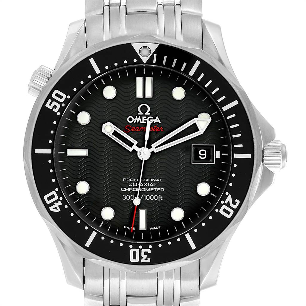 The image shows a frontal view of an Omega Seamaster 212.30.41.20.01.002 Men
s Stainless Steel Black Dial 212.30.41.20.01.002 Men
s Stainless Steel Black Dial watch, highlighting the face, bezel, crown, and bracelet.