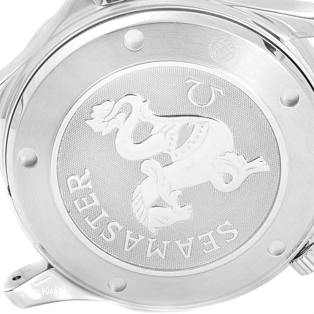 The image shows the case back of an Omega Seamaster 212.30.41.20.01.002 Men
s Stainless Steel Black Dial 212.30.41.20.01.002 Men
s Stainless Steel Black Dial watch with its distinctive emblem and markings.