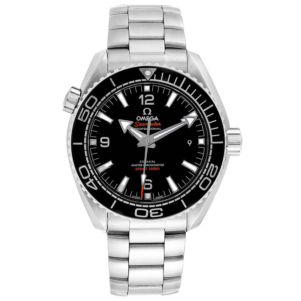 The image shows a front view of the Omega Seamaster 215.30.44.21.01.001 Men
s Stainless Steel Black Dial 215.30.44.21.01.001 Men
s Stainless Steel Black Dial watch, displaying its dial, bezel, crown, and metallic bracelet.
