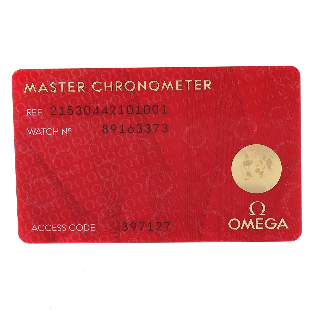 This image shows an Omega Seamaster 215.30.44.21.01.001 Men
s Stainless Steel Black Dial 215.30.44.21.01.001 Men
s Stainless Steel Black Dial Master Chronometer certification card, including reference number, watch number, and access code.