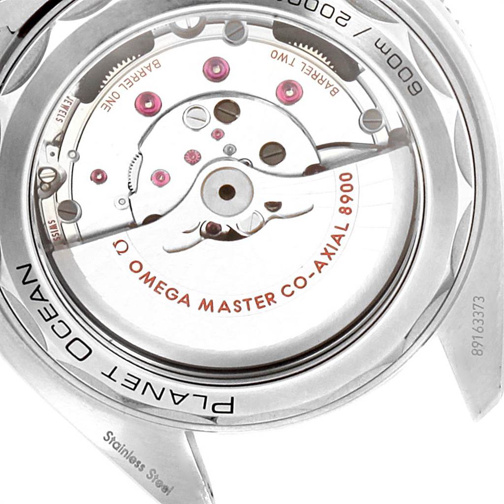 The image shows the back of the Omega Seamaster 215.30.44.21.01.001 Men
s Stainless Steel Black Dial 215.30.44.21.01.001 Men
s Stainless Steel Black Dial Planet Ocean watch, highlighting its movement and inner mechanics.