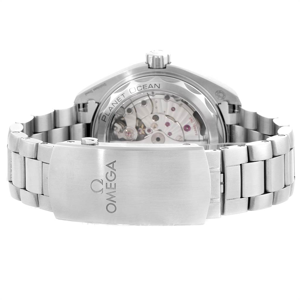 The image shows the back view of an Omega Seamaster 215.30.44.21.01.001 Men
s Stainless Steel Black Dial 215.30.44.21.01.001 Men
s Stainless Steel Black Dial watch, highlighting its band, clasp, and transparent case back.