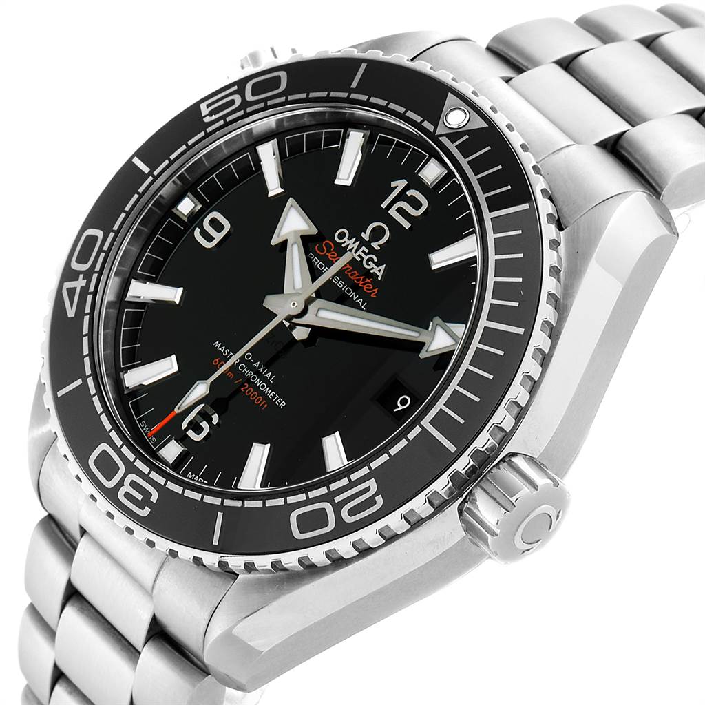 The image shows a close-up angle of the Omega Seamaster 215.30.44.21.01.001 Men
s Stainless Steel Black Dial 215.30.44.21.01.001 Men
s Stainless Steel Black Dial watch, highlighting its dial, bezel, crown, and stainless steel bracelet.