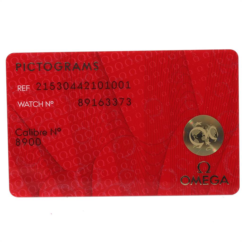 The image shows an Omega Seamaster 215.30.44.21.01.001 Men
s Stainless Steel Black Dial 215.30.44.21.01.001 Men
s Stainless Steel Black Dial Pictograms card detailing its reference number, watch number, and calibre number.