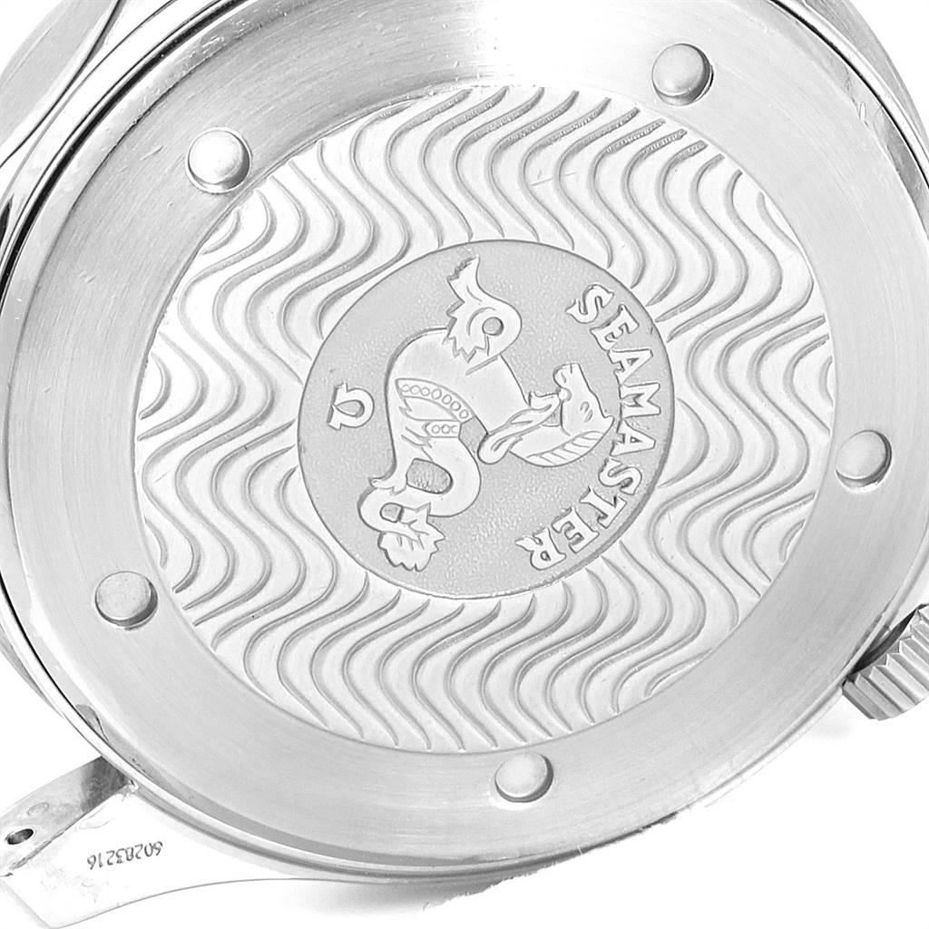 The image shows the case back of an Omega Seamaster 2531.80.00 Men
s Stainless Steel Blue Dial 2531.80.00 Men
s Stainless Steel Blue Dial watch, featuring the brand
s logo and wave pattern design.