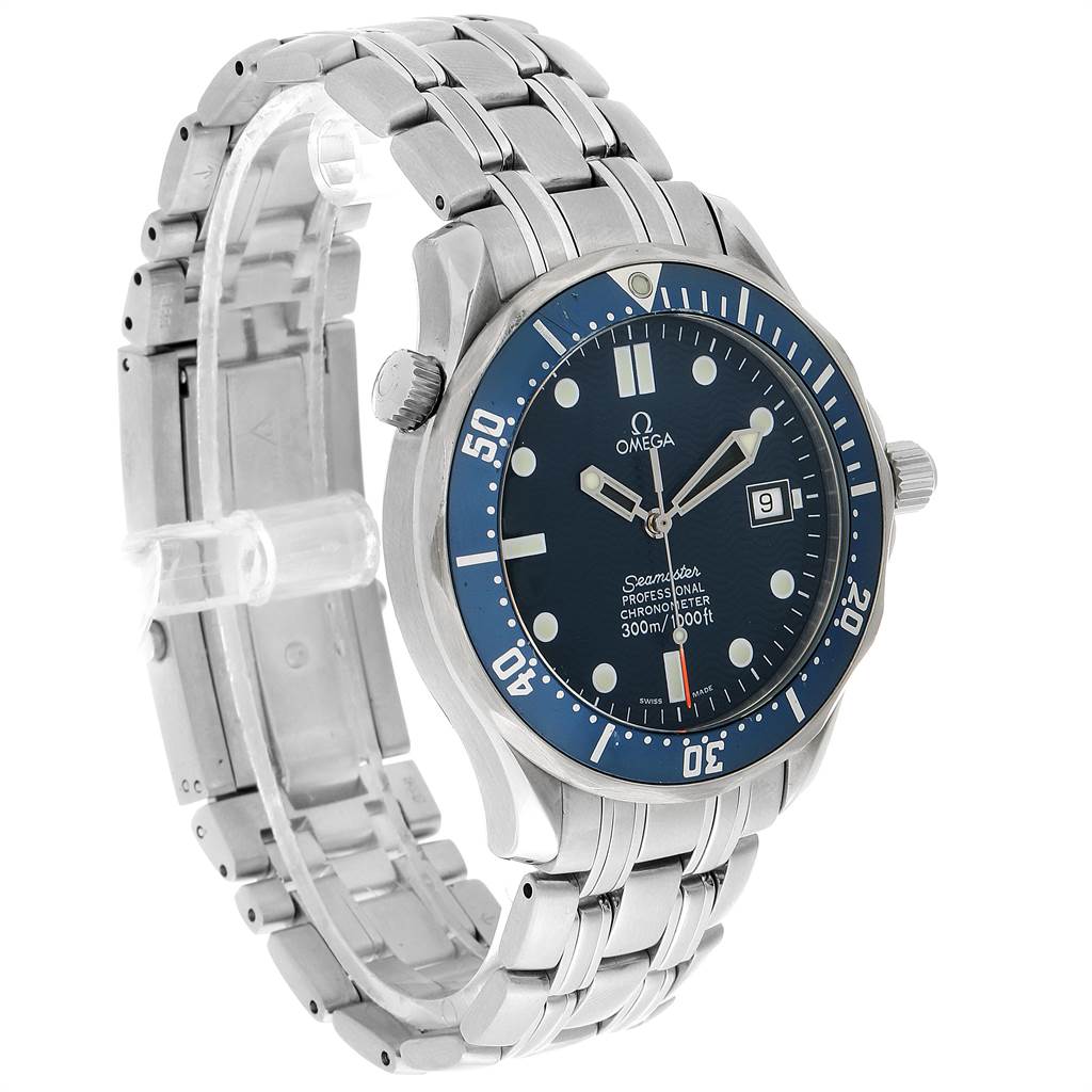 The Omega Seamaster 2531.80.00 Men
s Stainless Steel Blue Dial 2531.80.00 Men
s Stainless Steel Blue Dial watch is shown from a three-quarter angle, displaying the face, bezel, crown, and bracelet.