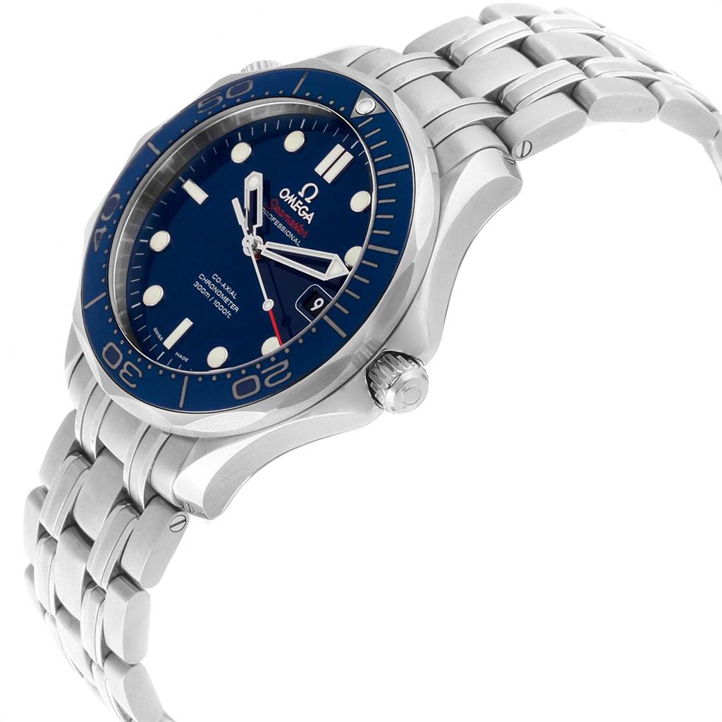 The Omega Seamaster 212.30.41.20.03.001 Men
s Stainless Steel Blue Dial 212.30.41.20.03.001 Men
s Stainless Steel Blue Dial watch is shown at a three-quarter angle, featuring a blue dial, rotating bezel, and stainless steel bracelet.