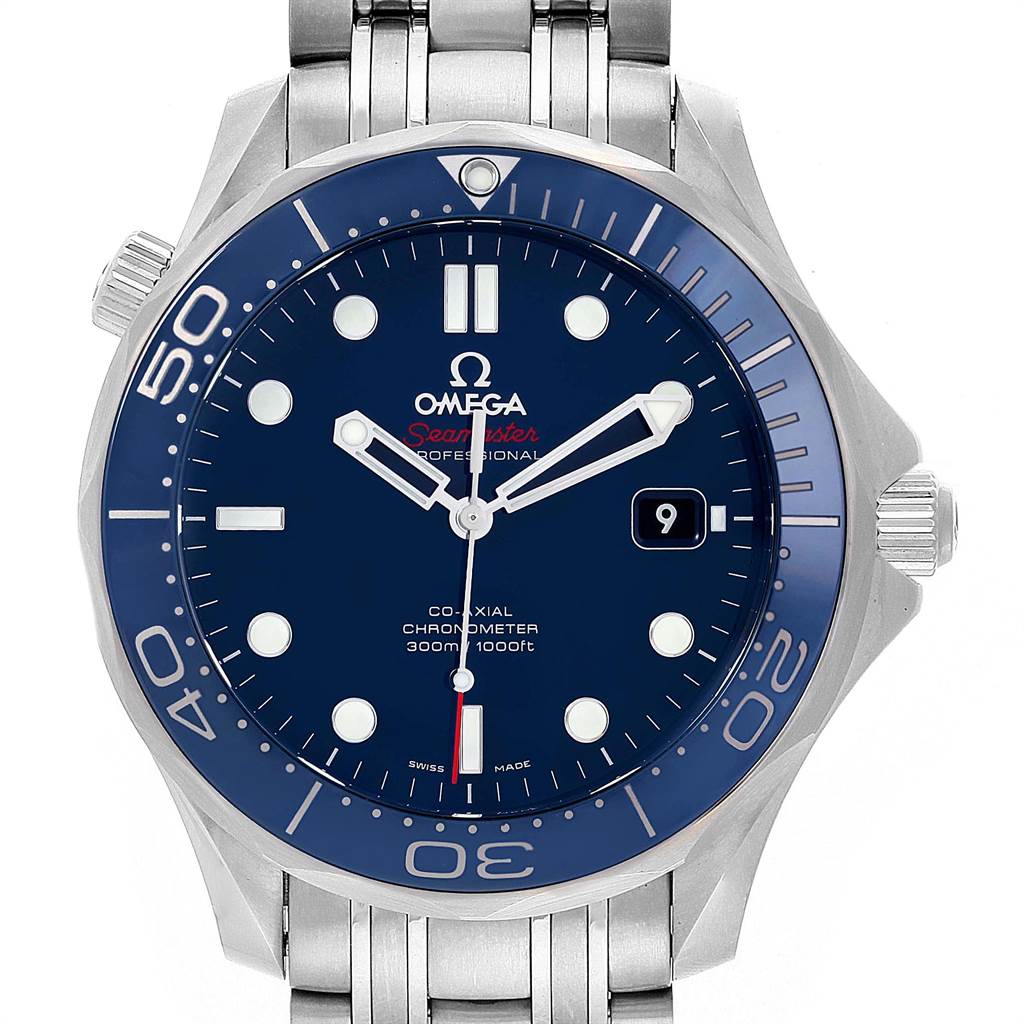 The Omega Seamaster 212.30.41.20.03.001 Men
s Stainless Steel Blue Dial 212.30.41.20.03.001 Men
s Stainless Steel Blue Dial watch is shown from a front angle, displaying the dial, bezel, crown, and stainless steel bracelet.