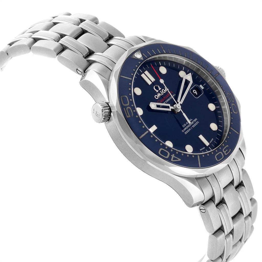 The image shows an Omega Seamaster 212.30.41.20.03.001 Men
s Stainless Steel Blue Dial 212.30.41.20.03.001 Men
s Stainless Steel Blue Dial watch at an angled side view, highlighting the face, bezel, and metal bracelet.
