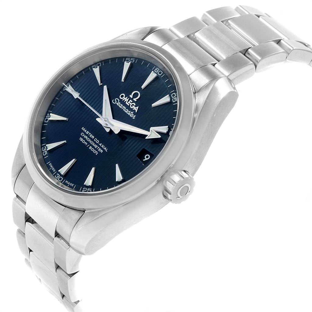 The image shows an angled view of an Omega Seamaster 231.10.39.21.03.002 Men's Stainless Steel Blue Dial 231.10.39.21.03.002 Men's Stainless Steel Blue Dial watch, displaying the face, bezel, crown, and part of the bracelet.