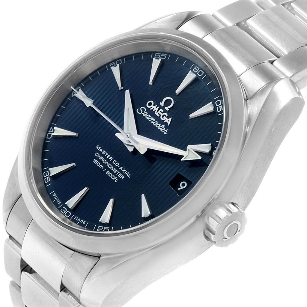 The image shows an angled view of the Omega Seamaster 231.10.39.21.03.002 Men's Stainless Steel Blue Dial 231.10.39.21.03.002 Men's Stainless Steel Blue Dial watch, highlighting the face, bezel, crown, and part of the bracelet.