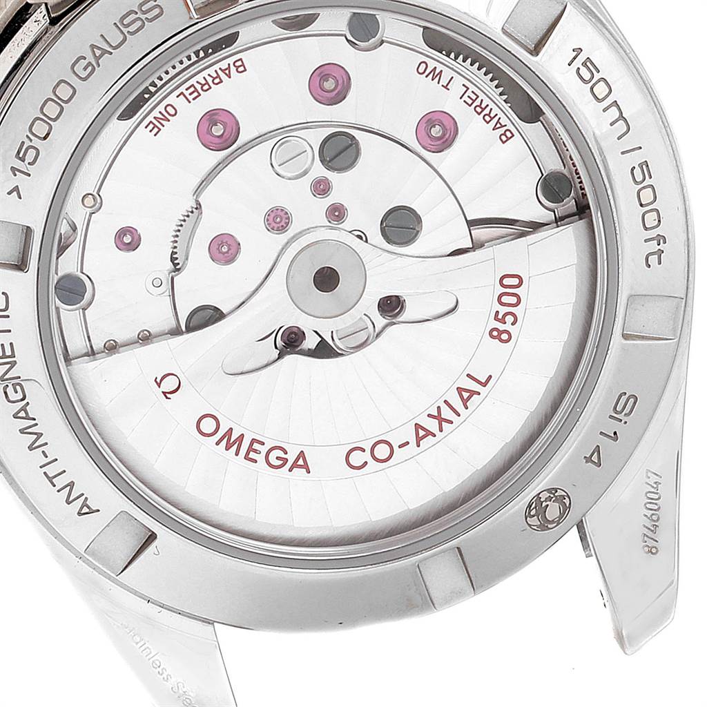 The image shows the back view of the Omega Seamaster 231.10.39.21.03.002 Men's Stainless Steel Blue Dial 231.10.39.21.03.002 Men's Stainless Steel Blue Dial watch, highlighting the movement and inner mechanism details.