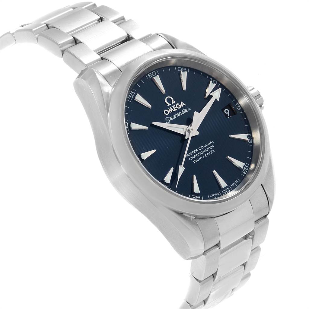 This Omega Seamaster 231.10.39.21.03.002 Men's Stainless Steel Blue Dial 231.10.39.21.03.002 Men's Stainless Steel Blue Dial watch is shown at an angle highlighting its face, bezel, and metal bracelet.