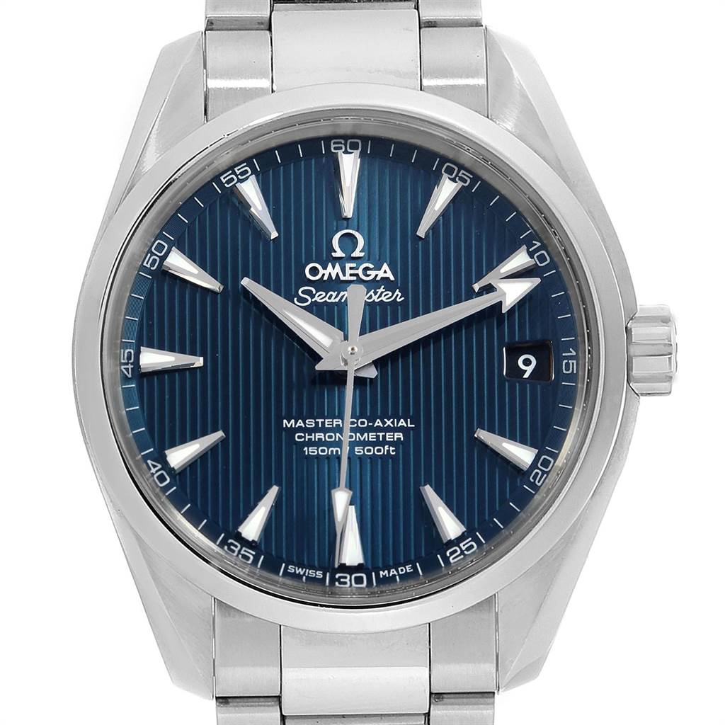 The image shows a front view of an Omega Seamaster 231.10.39.21.03.002 Men's Stainless Steel Blue Dial 231.10.39.21.03.002 Men's Stainless Steel Blue Dial watch, highlighting its blue dial, hands, date window, and stainless steel bracelet.