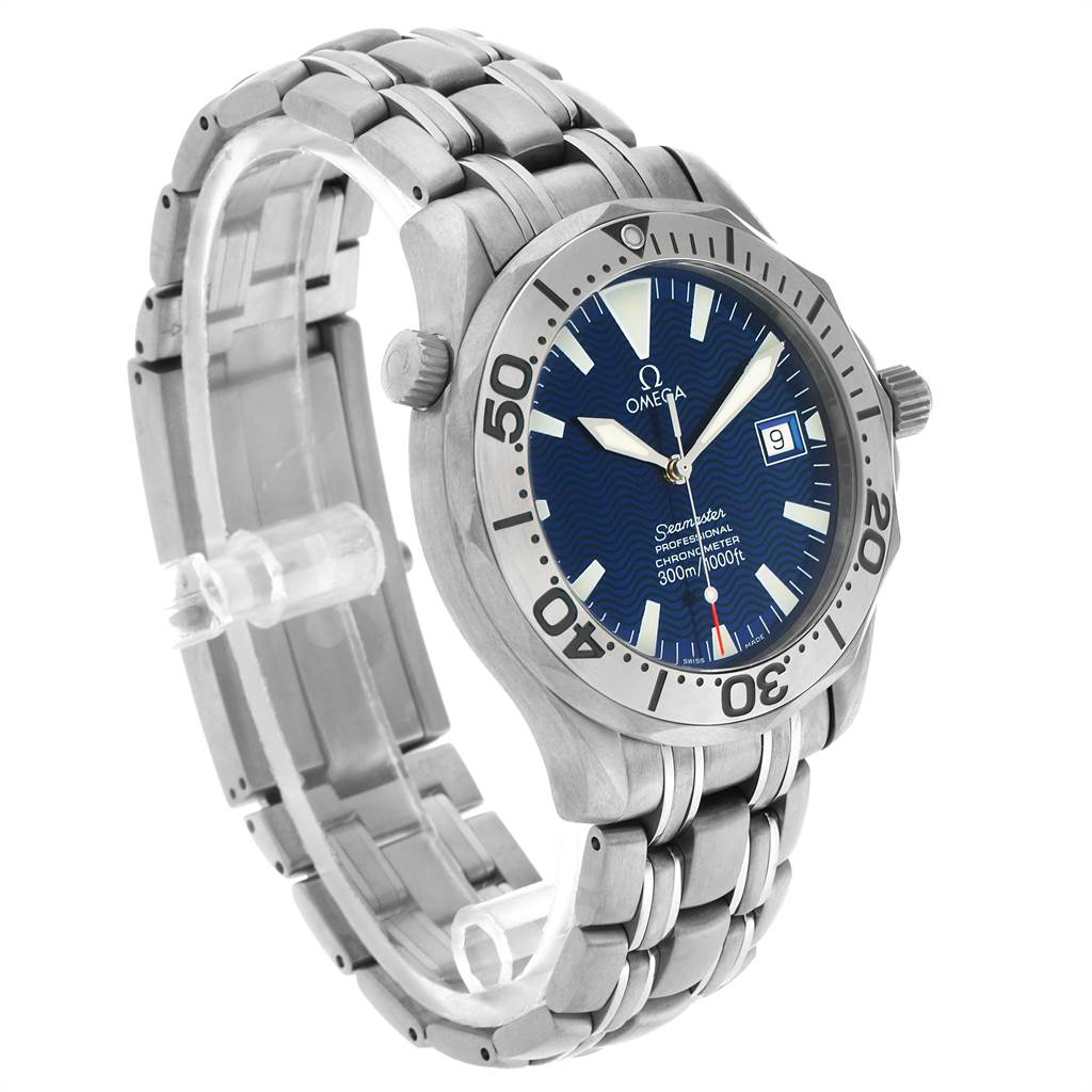 The image shows an Omega Seamaster 2231.80.00 Men
s Titanium Blue Dial 2231.80.00 Men
s Titanium Blue Dial watch at a front-side angle, highlighting the dial, bezel, and stainless steel bracelet.