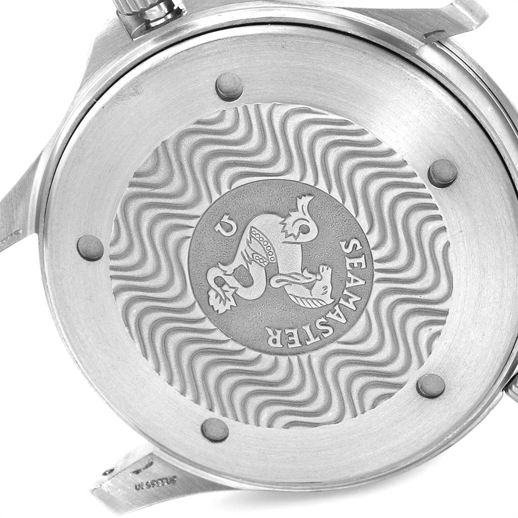 The image shows the case back of an Omega Seamaster 2231.80.00 Men
s Titanium Blue Dial 2231.80.00 Men
s Titanium Blue Dial watch, highlighting its engraved design and branding.