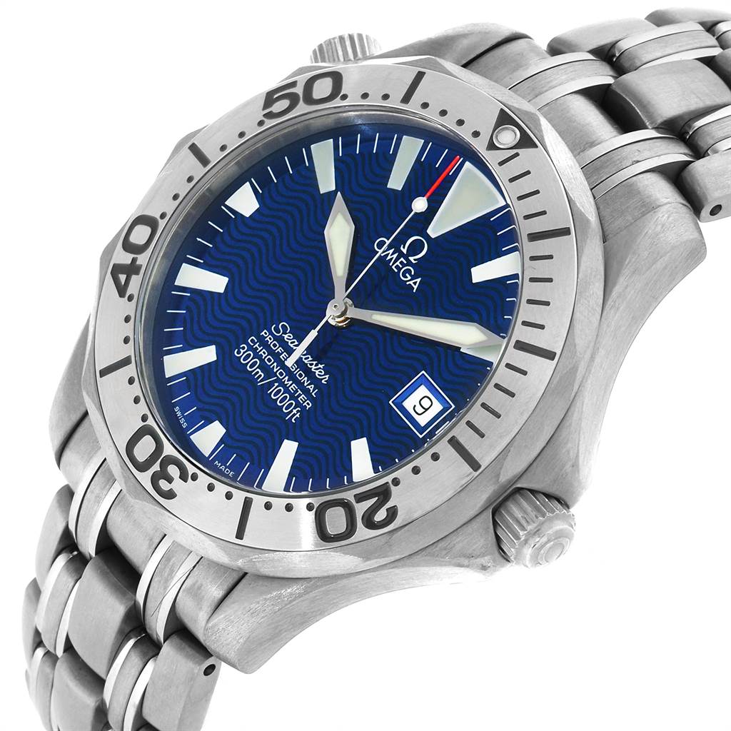 The image shows a close-up angled view of the Omega Seamaster 2231.80.00 Men
s Titanium Blue Dial 2231.80.00 Men
s Titanium Blue Dial watch, highlighting the dial, bezel, crown, and part of the bracelet.