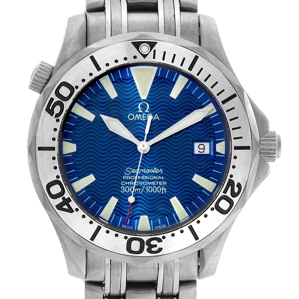 The image shows an Omega Seamaster 2231.80.00 Men
s Titanium Blue Dial 2231.80.00 Men
s Titanium Blue Dial watch from a front angle, highlighting the dial, bezel, crown, and part of the bracelet.
