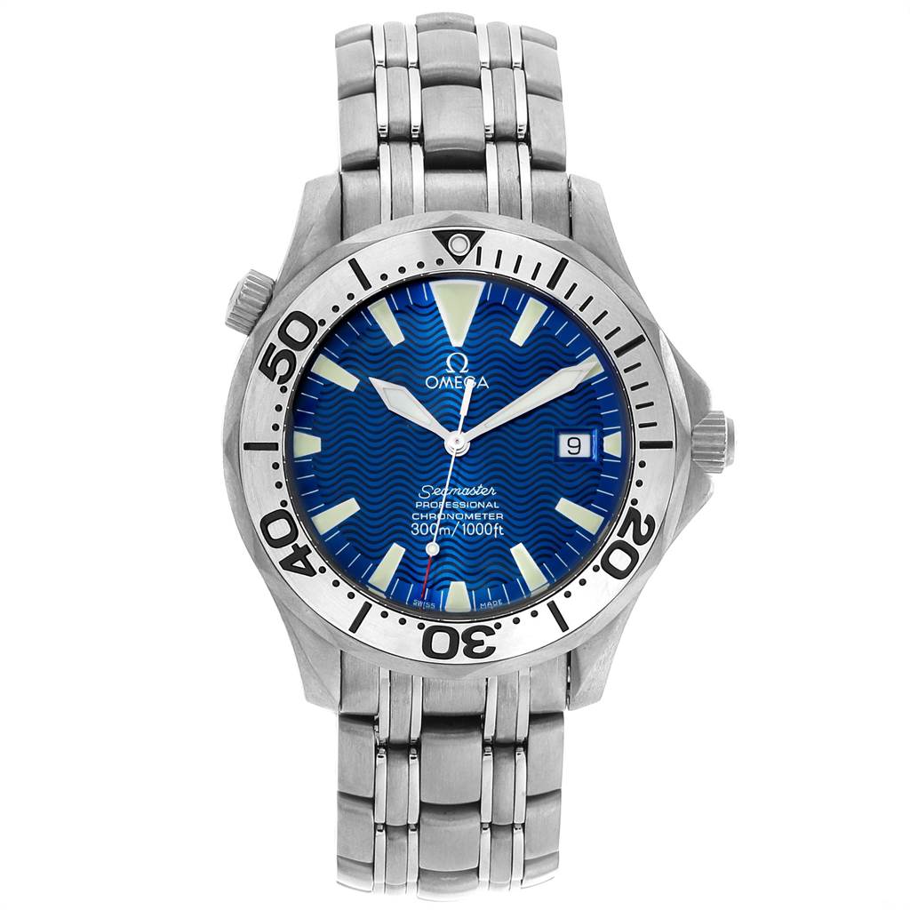 The image shows a front view of the Omega Seamaster 2231.80.00 Men
s Titanium Blue Dial 2231.80.00 Men
s Titanium Blue Dial watch, displaying its blue dial, stainless steel bezel, and bracelet.